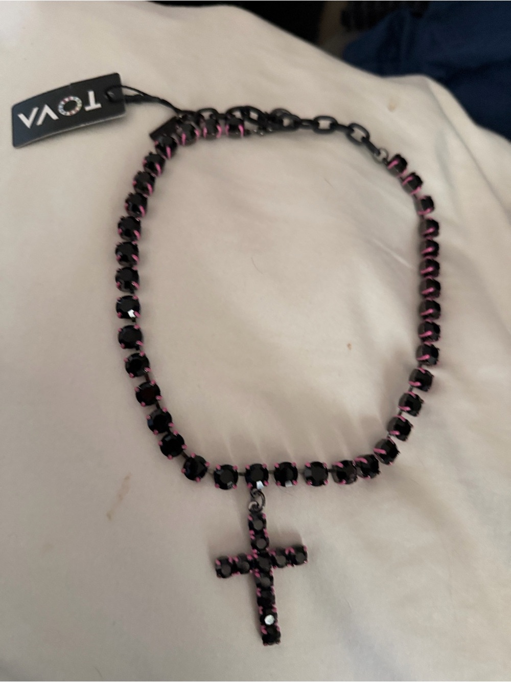 Black Necklace with Pink Crystal Cross Pendant